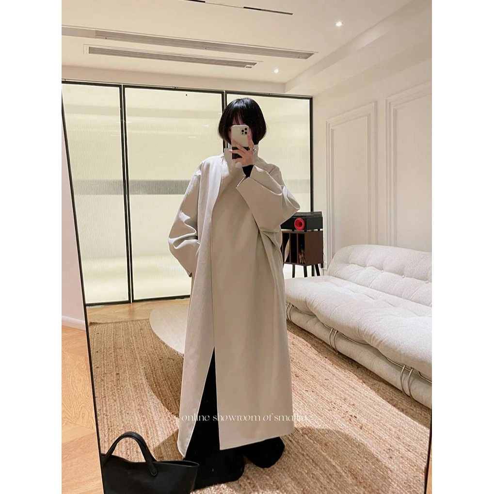 SMALLIU MODE杏色立领过膝长款风衣休闲外套