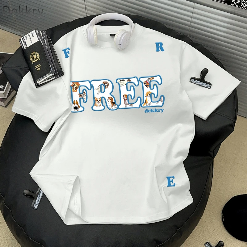 【Dekkry】夏季时尚圆领动物字母短袖印花T恤白色日常宽松情侣半袖
