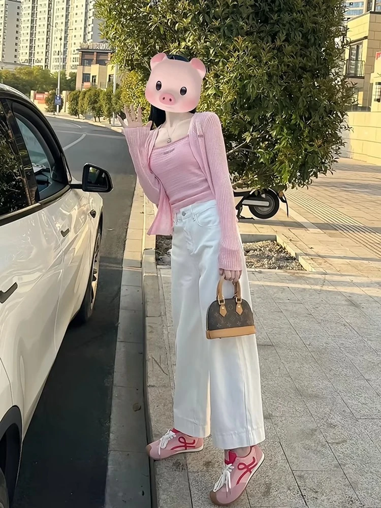 温柔风韩系时尚粉背心吊带针织开衫女通勤百搭休闲牛仔裤三件套春