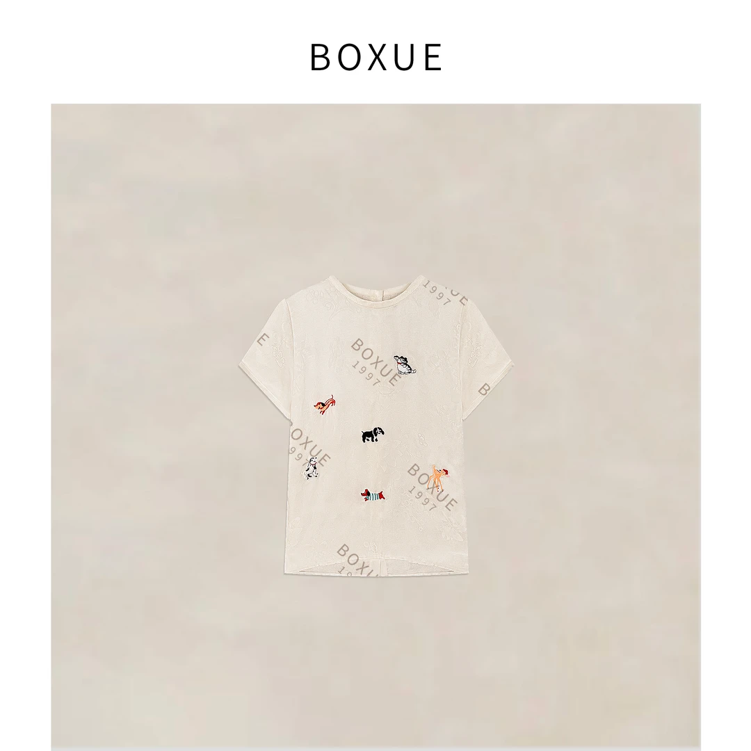 BOXUE”动物花园”2025夏季新款桑.蚕丝重锻小狗T恤#250505T2330