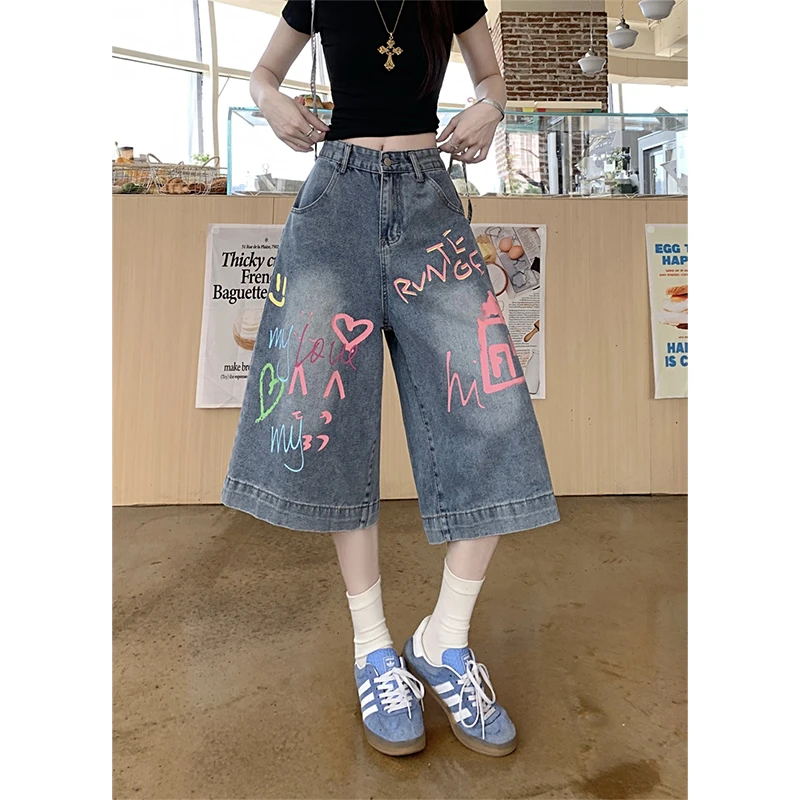 美式涂鸦设计感痞帅七分牛仔裤女夏季新款小个子高街宽松直筒中裤