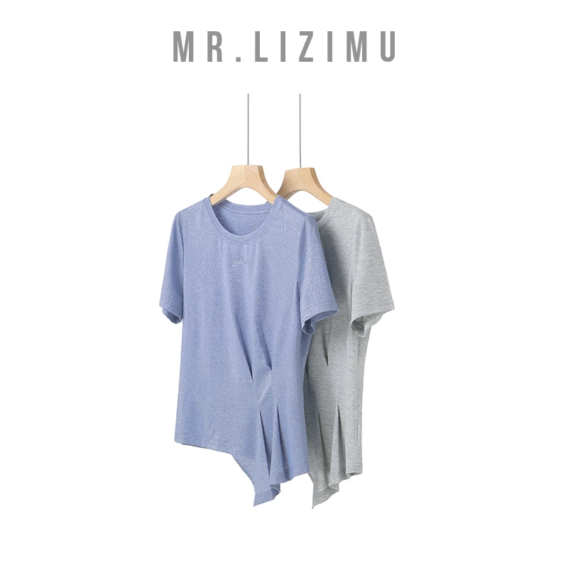 李子木先生时尚收褶设计圆领纯色t恤女不规则下摆上班甜美可爱