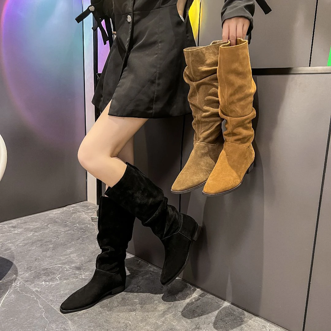 堆堆靴子女长筒靴2025新款粗跟骑士靴西部牛仔靴中筒绒面透气长靴