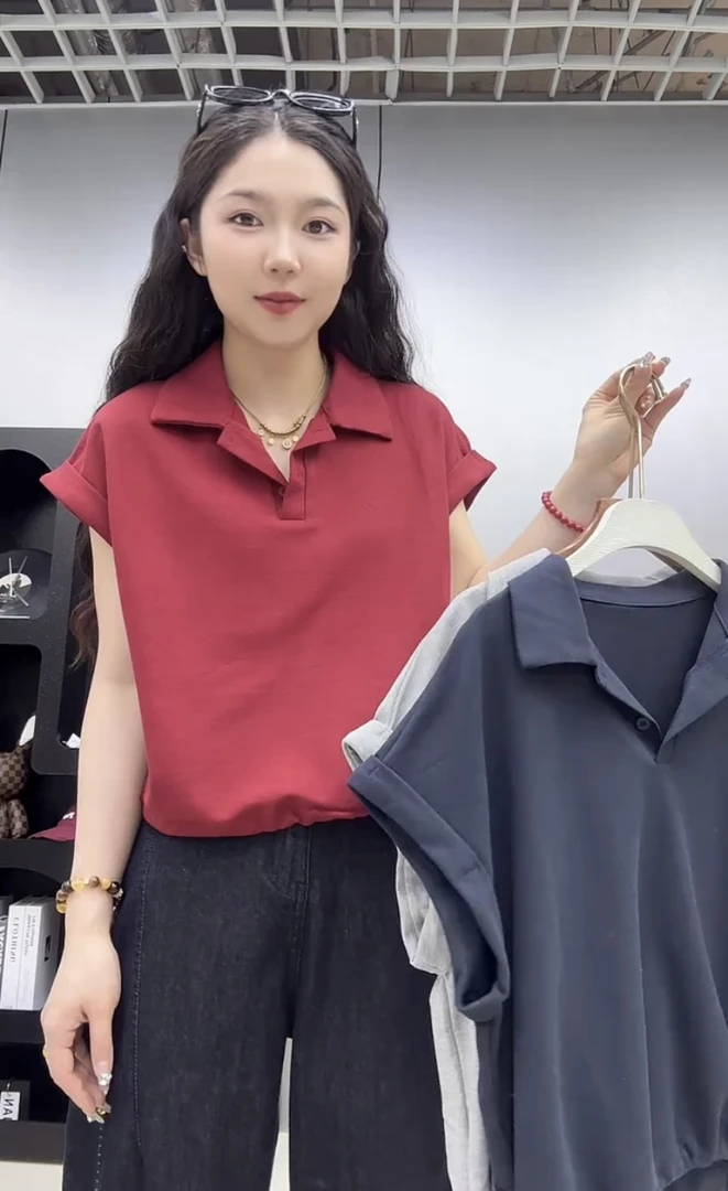 2025夏季新款韩版宽松显瘦百搭翻领无袖T恤女宽松休闲显瘦上衣女