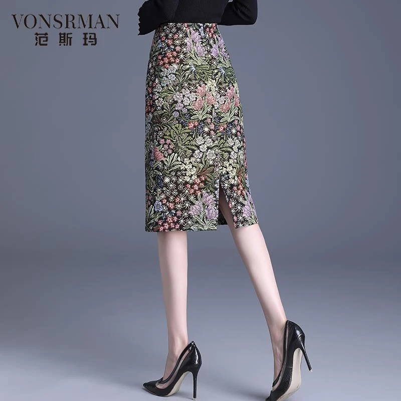 2025秋季半身裙女提花包臀裙高腰修身显瘦性感开叉印花中长一步裙