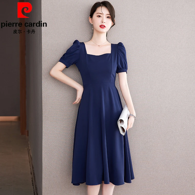 皮尔卡丹连衣裙女夏季新款法式收腰气质方领高级感赫本风中长裙