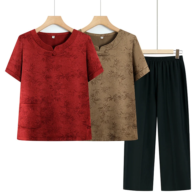 中老年女装夏季短袖套装2025新款妈妈装宽松T恤+裤子两件套奶奶装