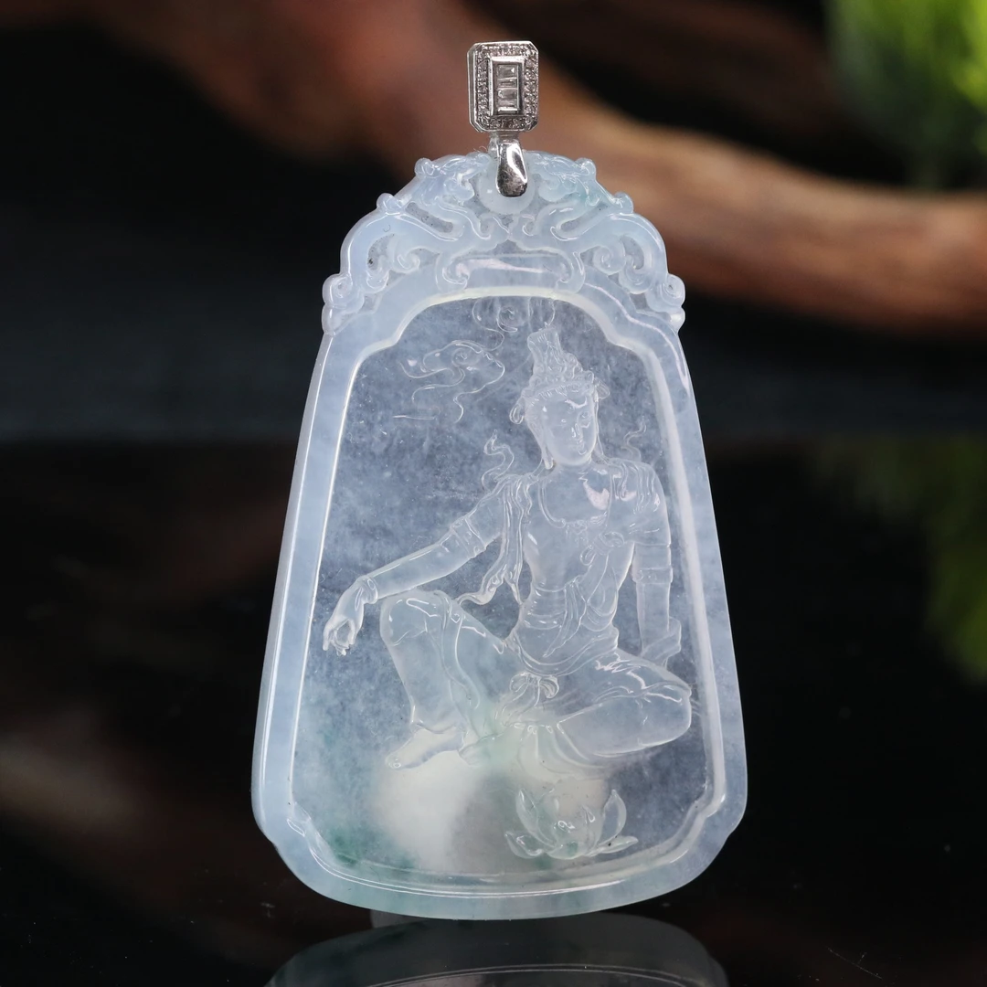 lot48天然缅甸翡翠A货18k金高冰飘花观音/000767保利厦门拍卖