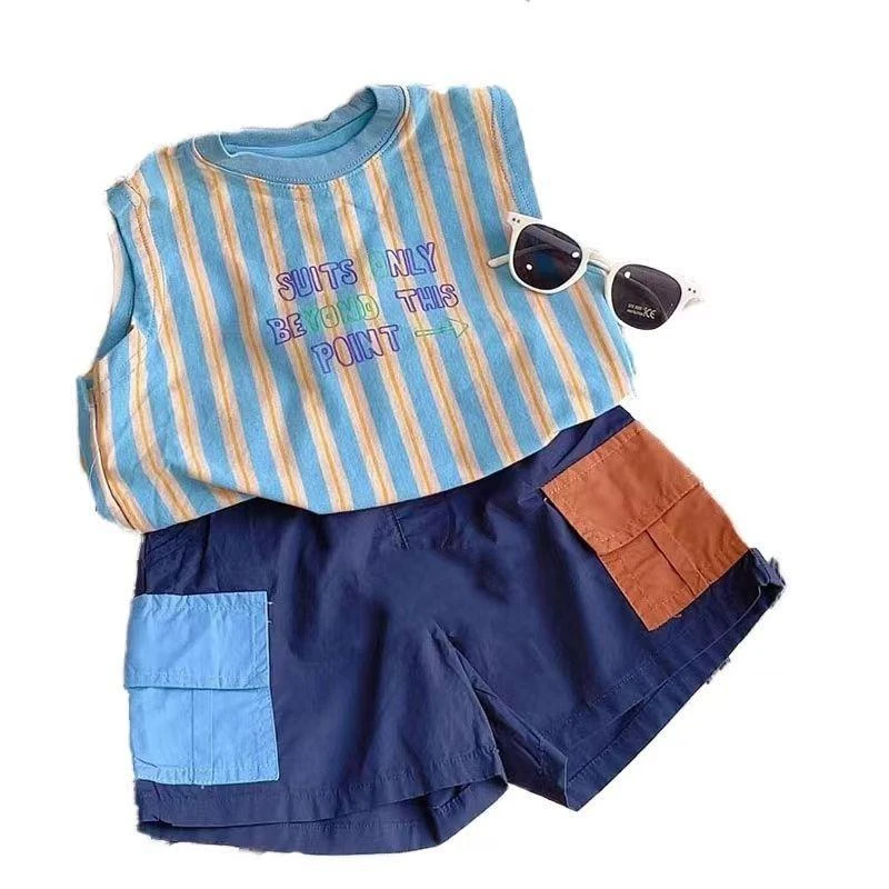 韩范童装男童印花无袖条纹上衣时髦洋气男宝宝夏装儿童宽松背心潮