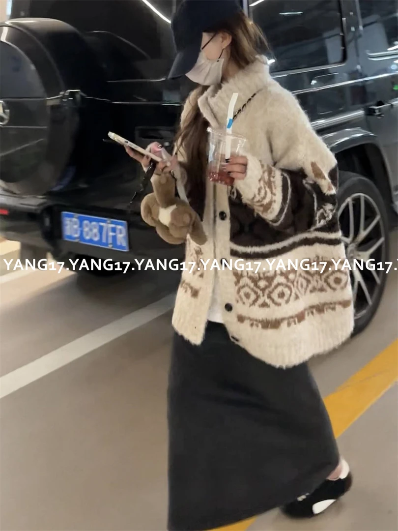 杨十七 加厚费尔岛花纹圈圈纱撞色针织开衫毛衣