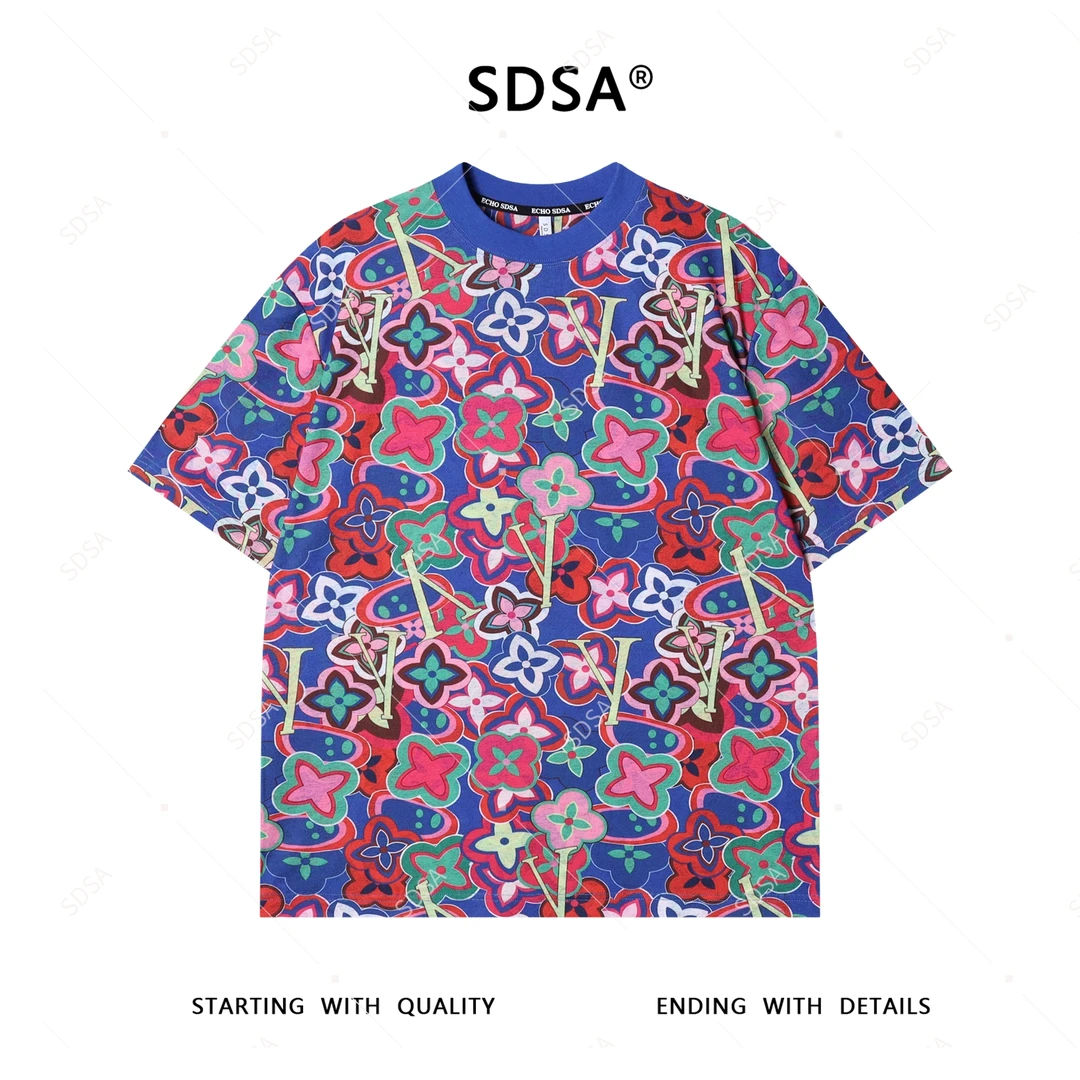 夏季高级感新款男士潮牌彩色花卉字母图案短袖T恤宽松圆领上衣