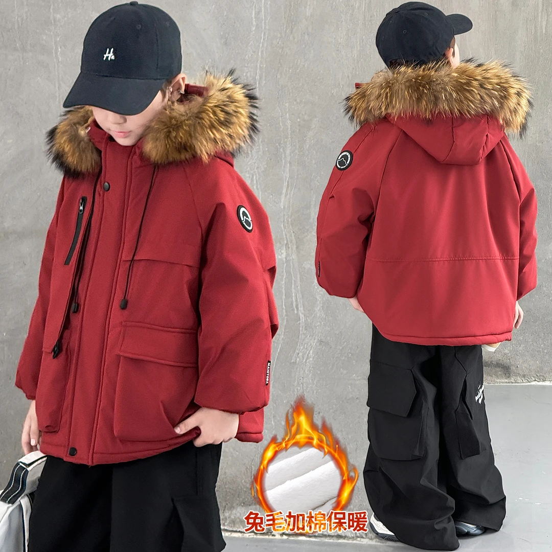 男童冬季加绒派克服中大童加厚保暖棉衣儿童新款大毛领冬装棉袄潮