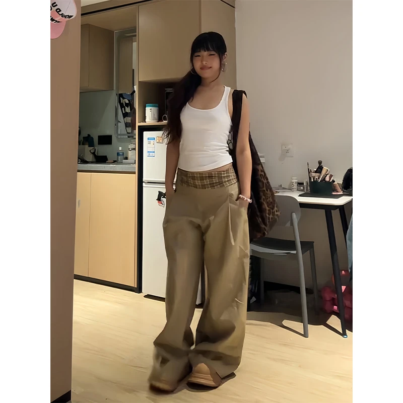 美式复古卡其色休闲裤女春季设计感格纹腰头阔腿裤宽松直筒拖地裤