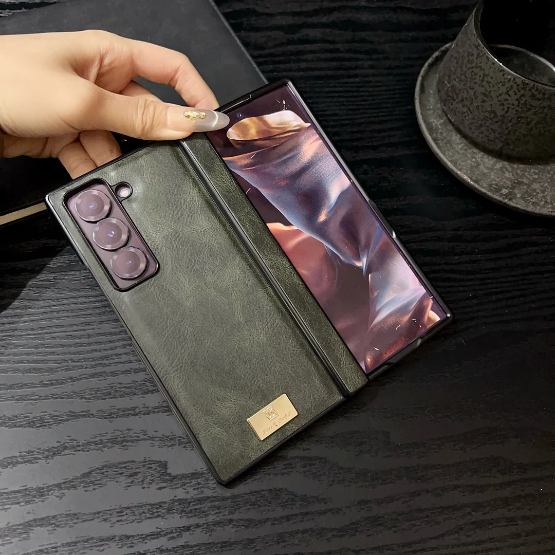 适用三星w25手机壳新款弹簧中轴zfoldse高档复古皮质铰链全包防摔