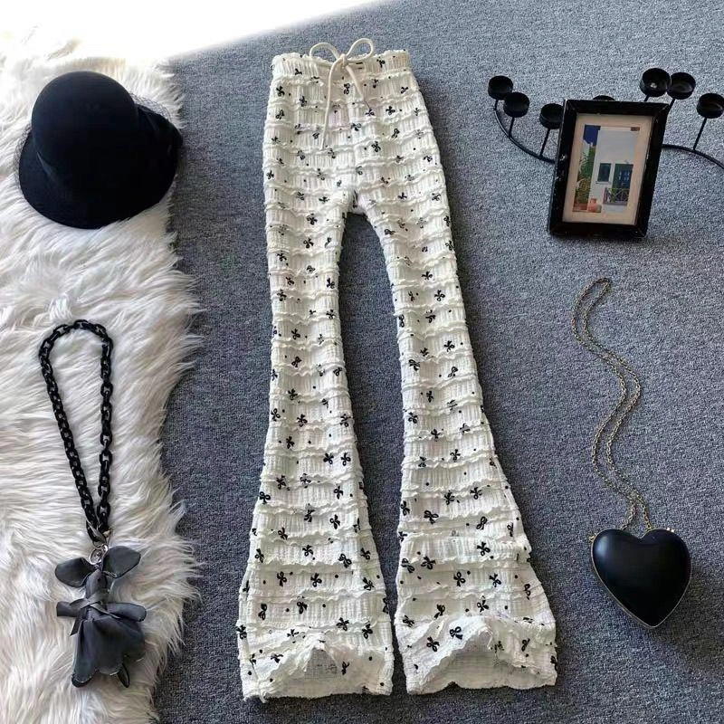 白色蝴蝶结印花微喇叭裤女春新款梨形穿小个子高腰垂坠阔腿裤