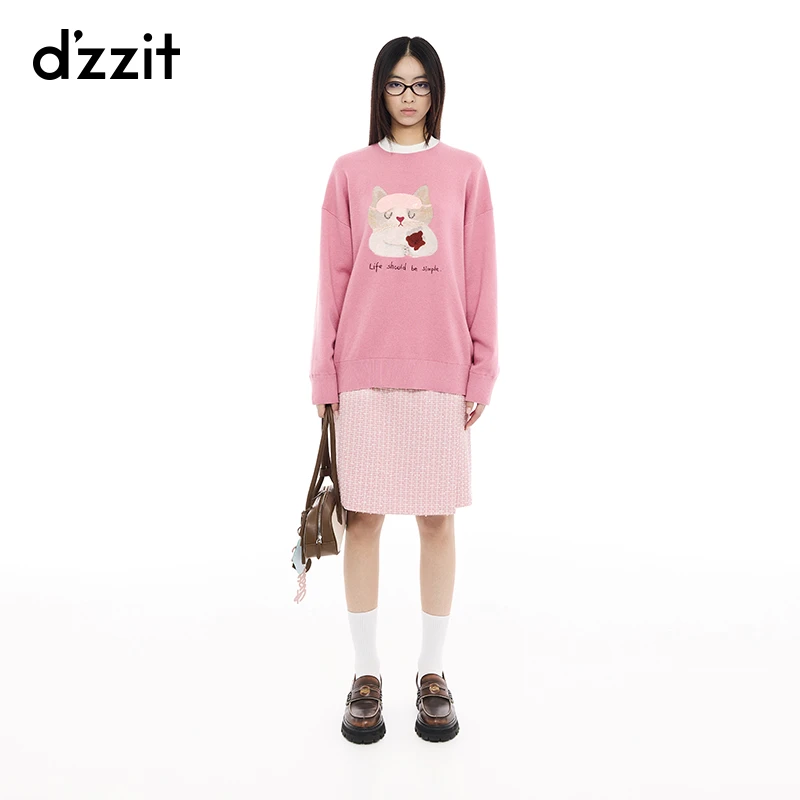 dzzit地素针织衫25春新款少女风撞色领口猫咪长袖上衣女3J1E433