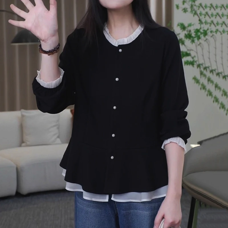 法式木耳边拼接假两件衬衫女秋季新款气质时尚显瘦打底衫通勤上衣