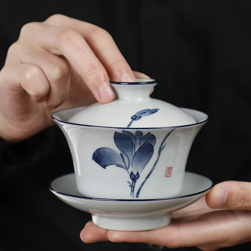 手绘陶瓷盖碗仿古茶具家用高档陶瓷功夫茶具大容量三才釉下彩中式