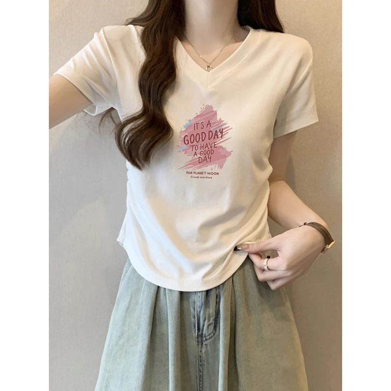 2025年新款正肩V领收腰短袖女t恤小众设计感侧边褶皱洋气上衣夏季