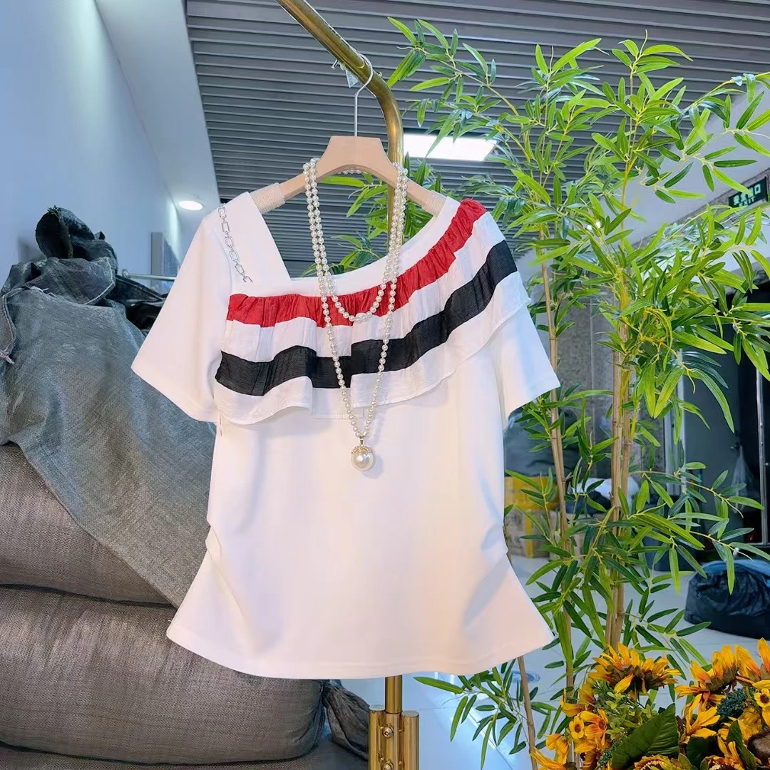 欧货时尚荷叶边斜领撞色T恤短袖遮肉减龄设计百搭夏季上新815