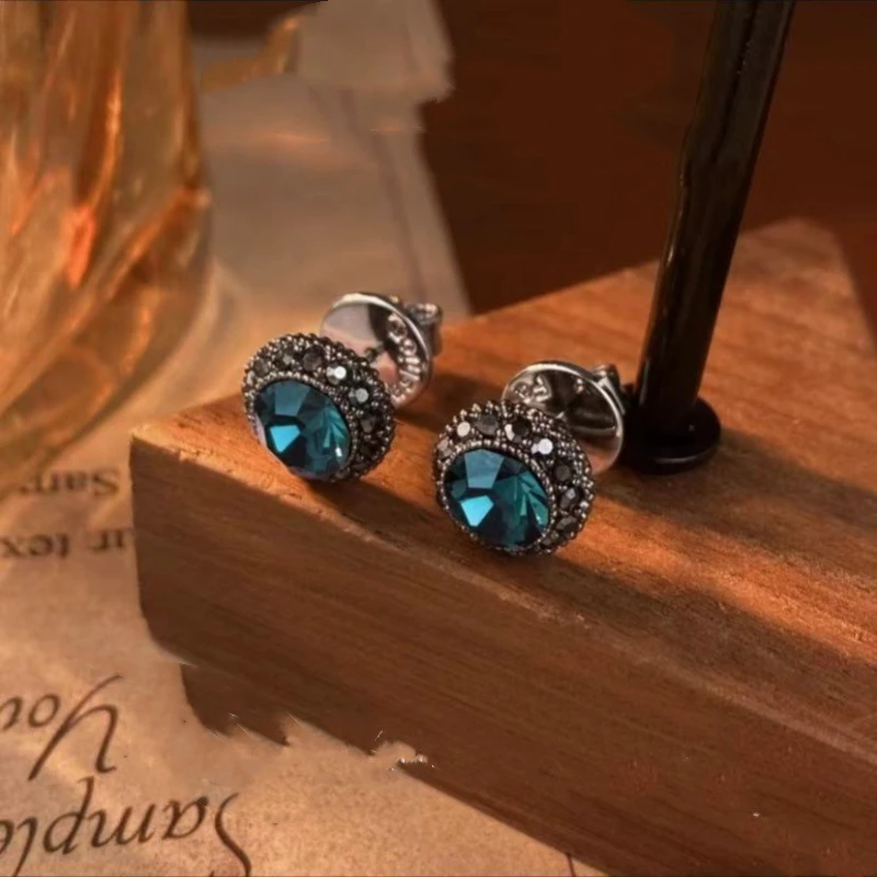 合金耳饰 925银针耳钉女复古典雅墨蓝色轻奢镶钻耳环高级耳饰A129