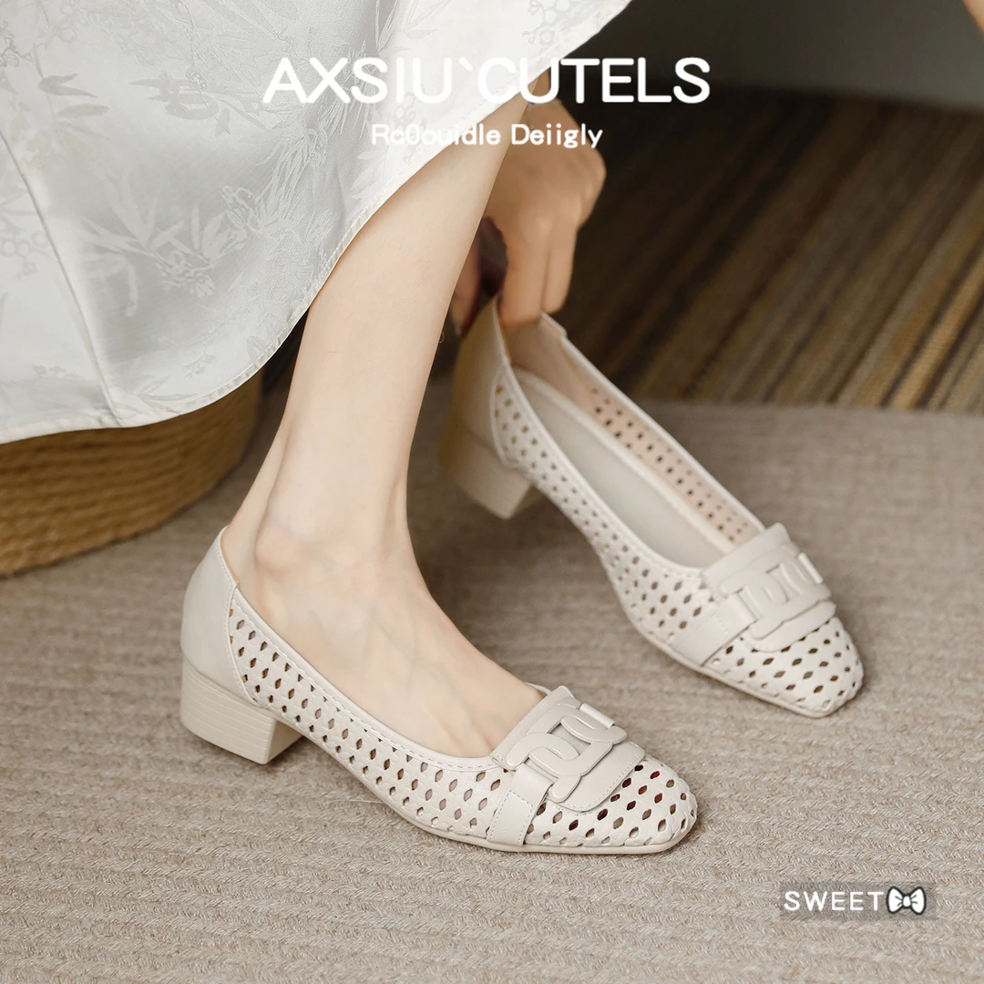 巨舒服超软凉单鞋女法式真皮镂空瓢鞋2025年夏季新款粗跟透气女鞋