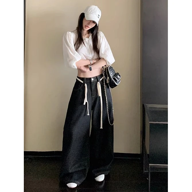 美式复古黑色阔腿牛仔裤女夏季松弛感休闲宽松垂感直筒拖地裤子潮