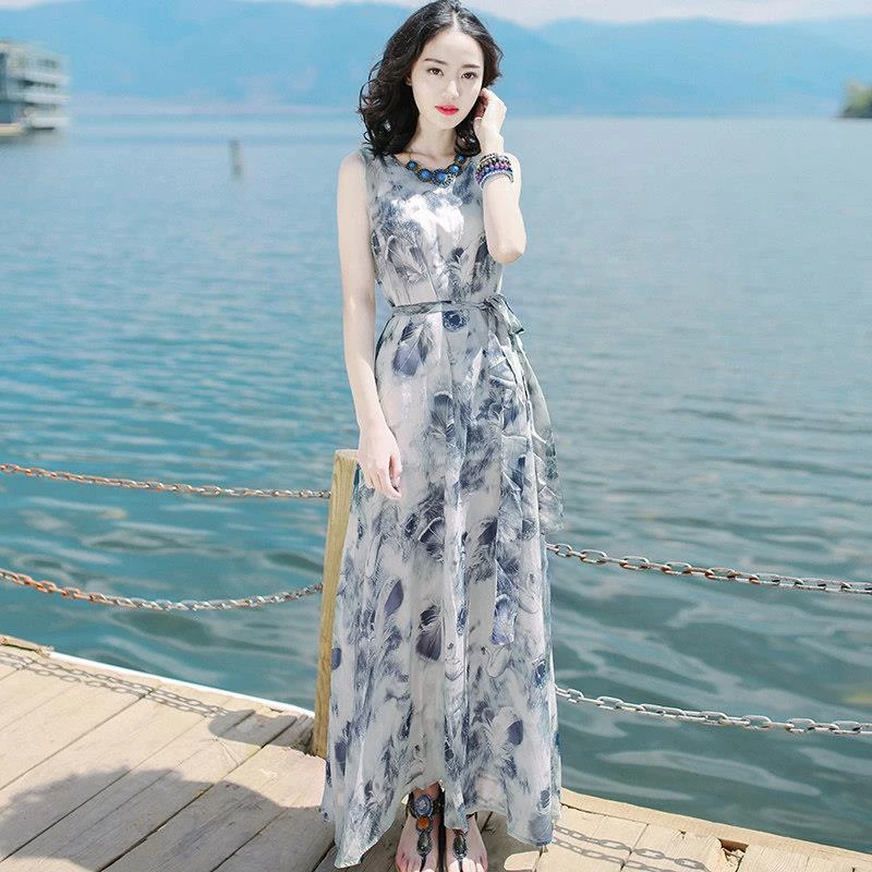 2025新款气质女装早春夏沙滩裙高级感水墨画海边度假雪纺连衣裙子