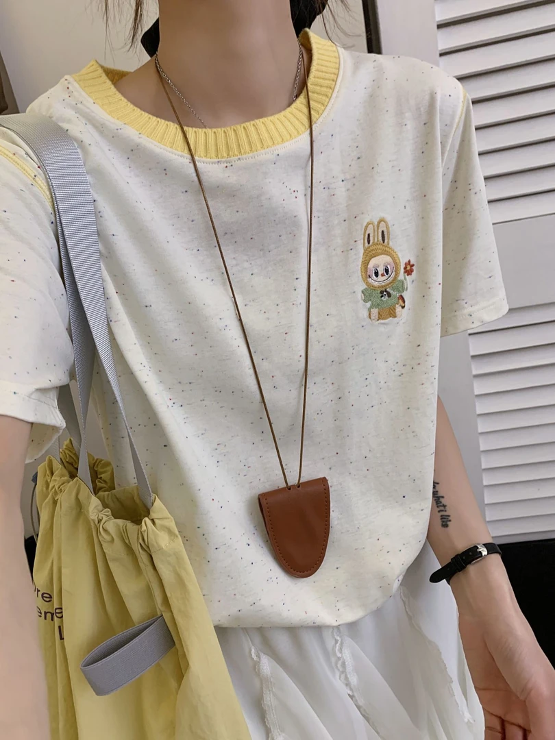 【5205】夏季新款百搭时尚潮流针织领撞色刺绣麻丝线彩点T恤