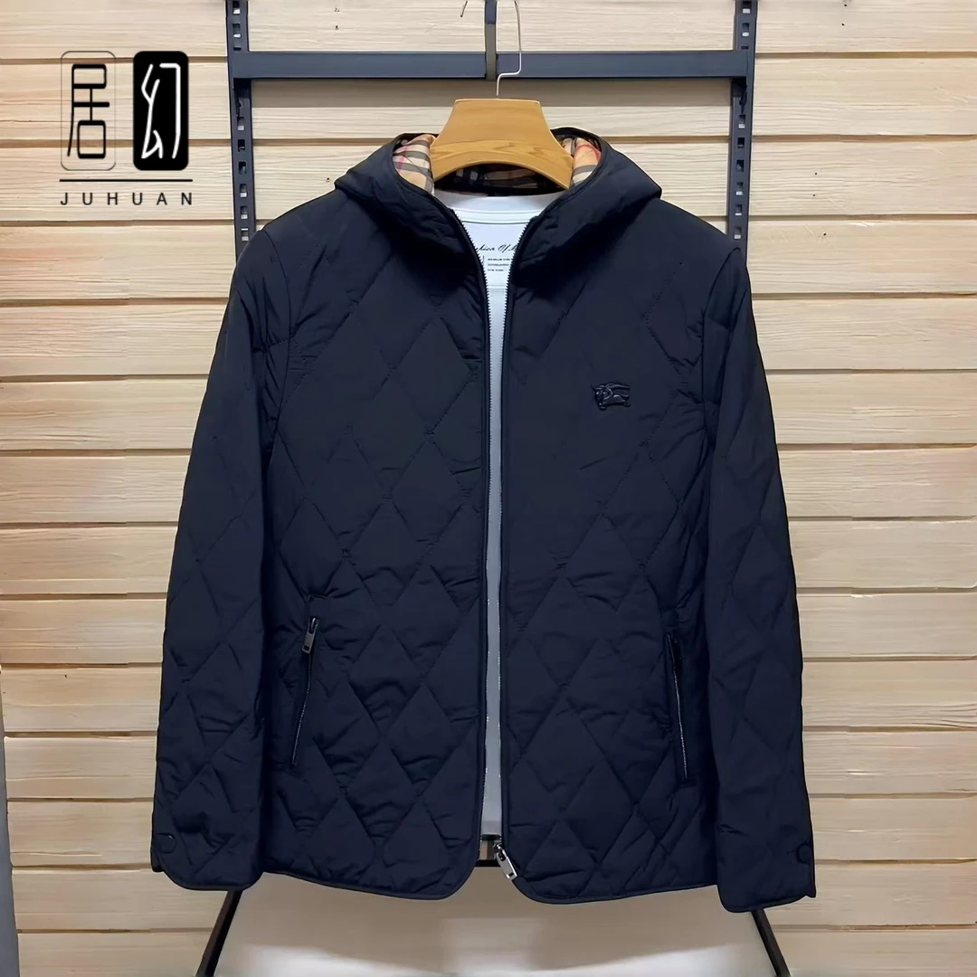 居幻男2025冬季气质独特百搭休闲连帽外套棉袄修身菱形格棉衣夹克