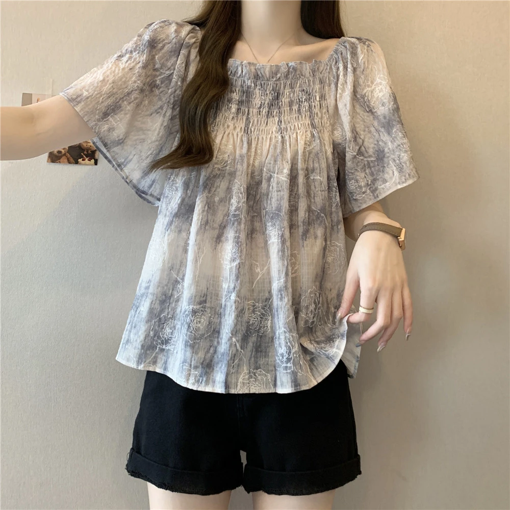 法式方领短袖雪纺衬衫女夏季大码MM显瘦短袖女款爆款2025新款