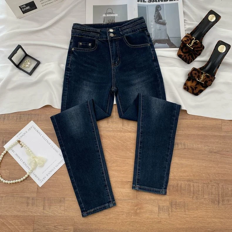 【可】两粒扣小脚2025年加绒牛仔时尚百搭黑色外穿修身弹力秋冬