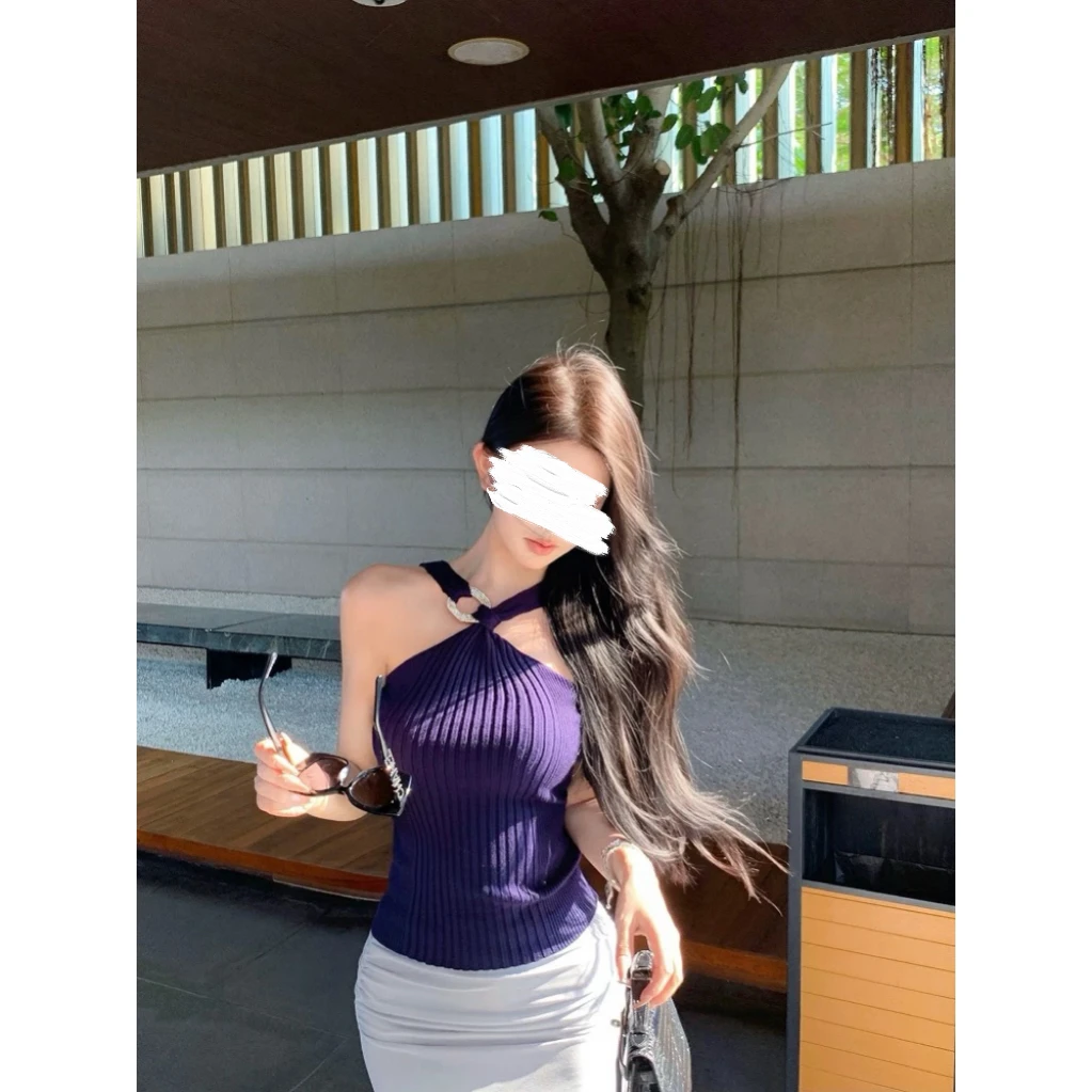3962斜肩挂脖针织坑条背心夏季修身无袖上衣