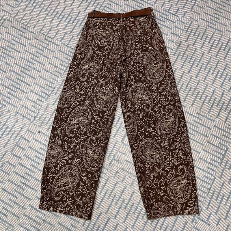欧洲站2025早秋新款高腰腰果印花宽松舒适百搭直筒休闲裤女弯刀裤