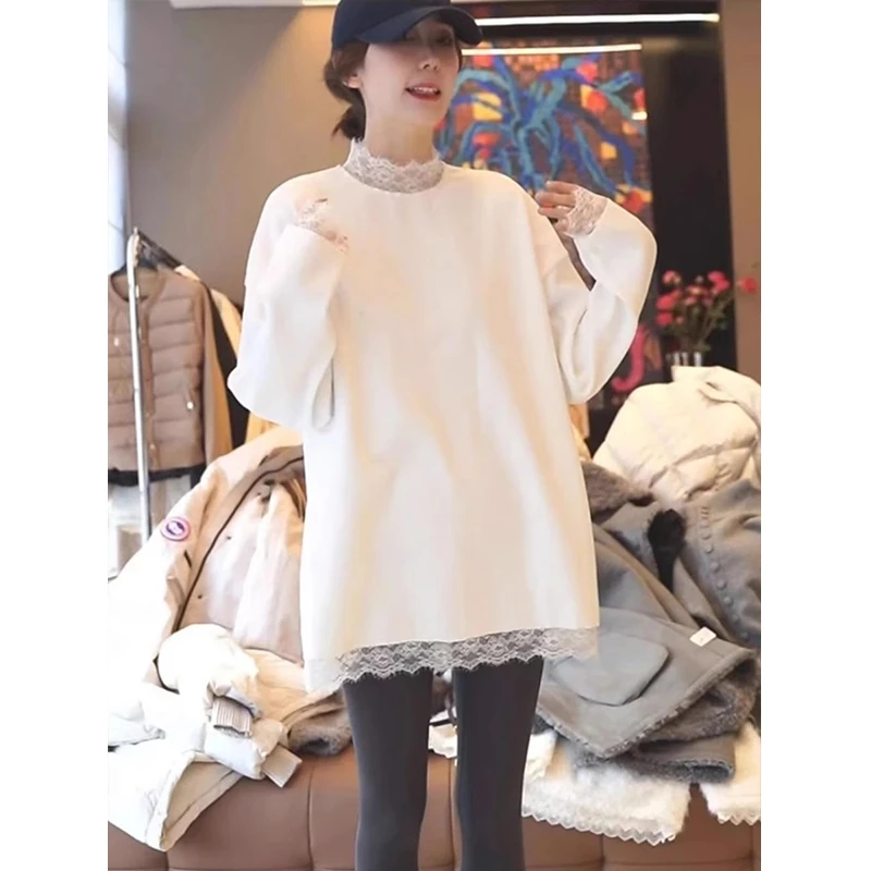 欧货假两件蕾丝拼接长袖T恤女秋冬新款宽松内搭中长款打底衫上衣
