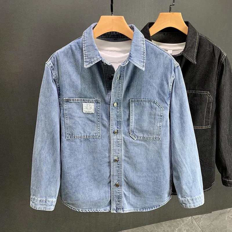 潮牌牛仔夹克男秋季新款翻领潮流休闲衬衫工装春秋款上衣服外套男