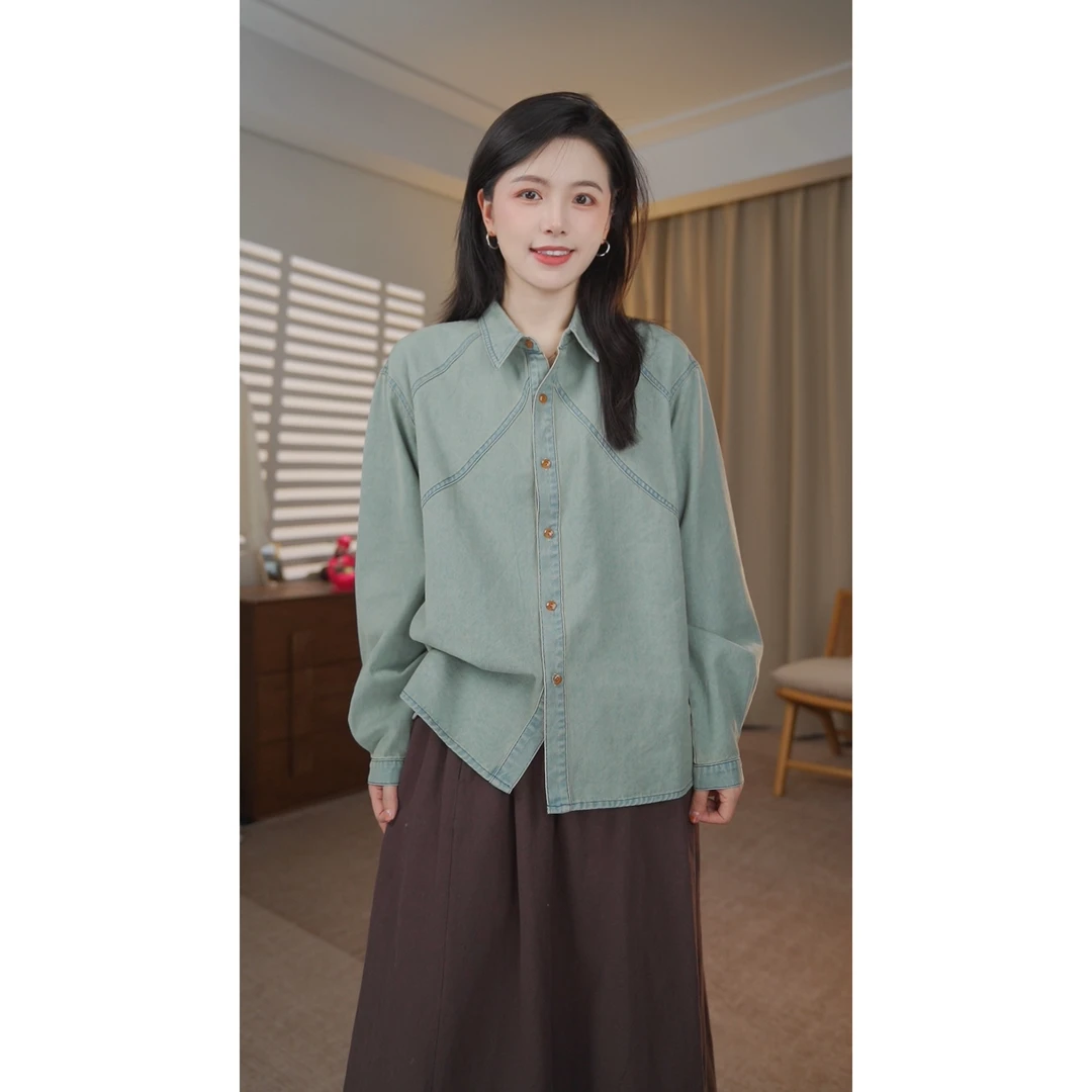 圆圆【牛仔剧场】简约百搭做旧设计长袖多片分割牛仔衬衫 YY 9017