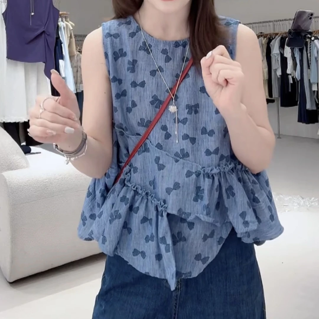 韩版设计感蓝色印花褶皱无袖背心上衣女2025新款时尚款洋气轻奢风
