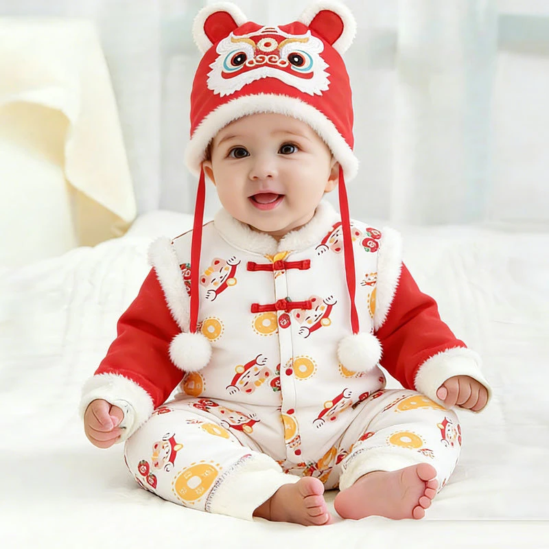 冬季婴儿连体棉袄500g大红宝宝拜年服喜庆周岁满月服棉衣新生儿礼