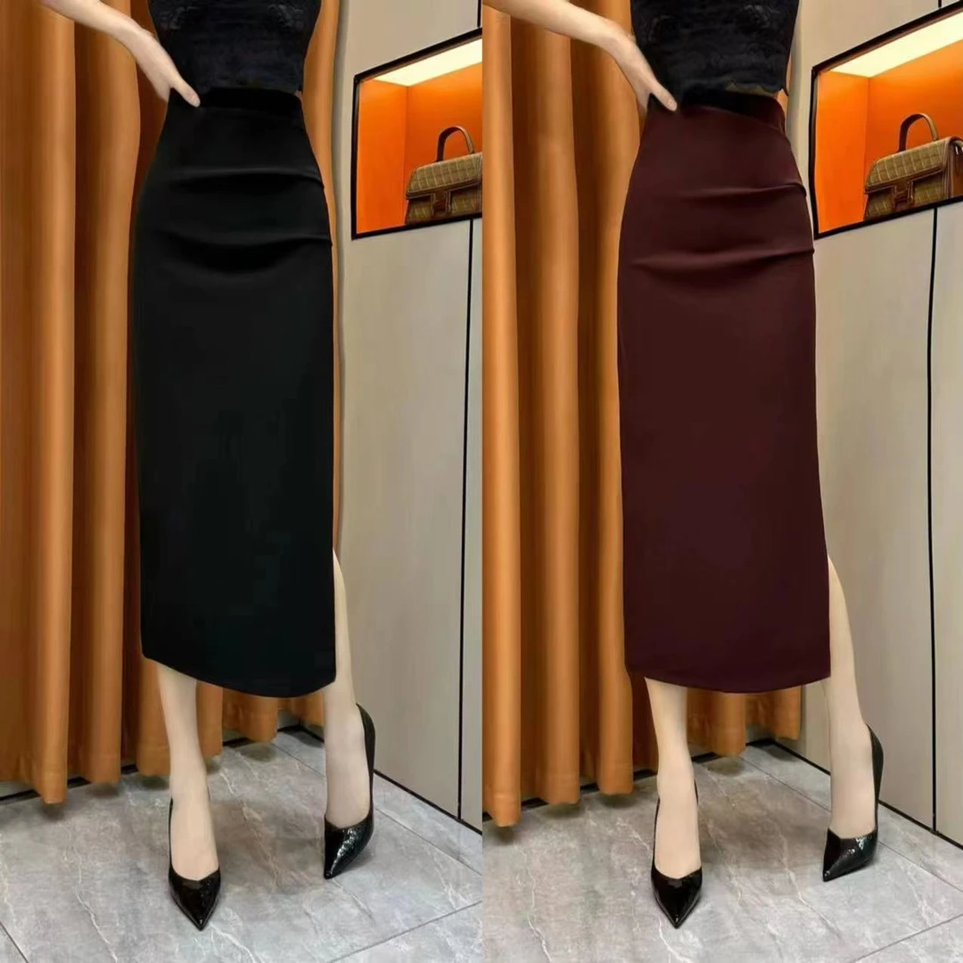 【柏芝推荐】2025春季新款侧边褶皱开叉显瘦半身裙时尚百搭包臀裙女