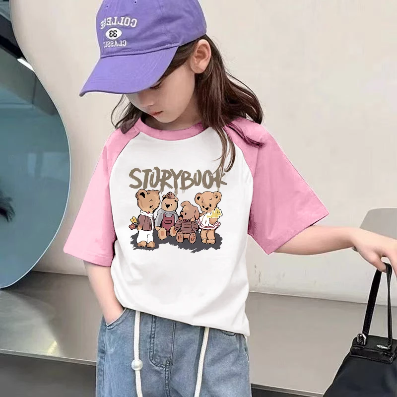 女孩拼色纯棉童装夏季女童小熊印花短袖T恤中大童休闲可爱半袖潮