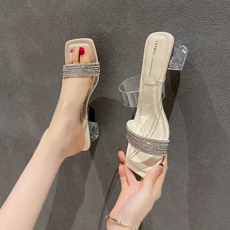 气质水钻晚晚仙女风透明凉鞋女夏高跟一字外穿粗跟拖鞋55369