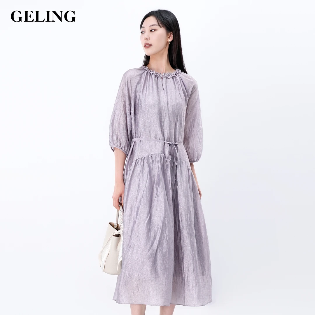 GELING/歌&玲法式醋酸中长裙圆领收腰显瘦气质连衣裙G504W330L