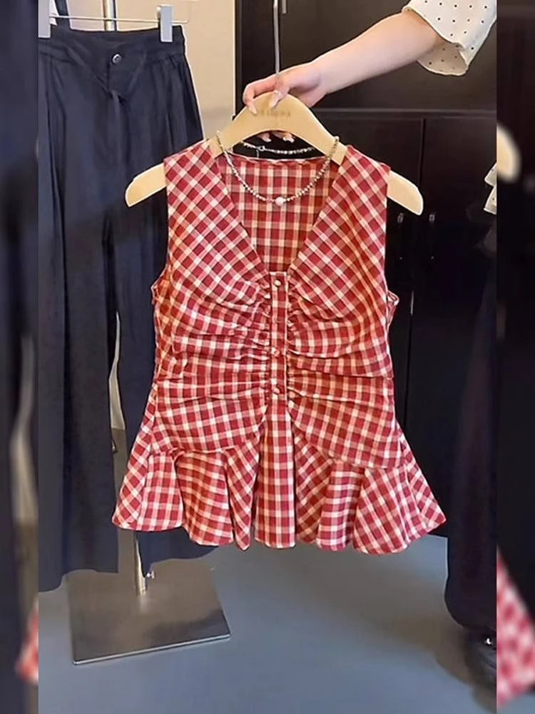 无袖格子吊带背心高级2025夏季新款红色法式V领褶皱修身上衣女装
