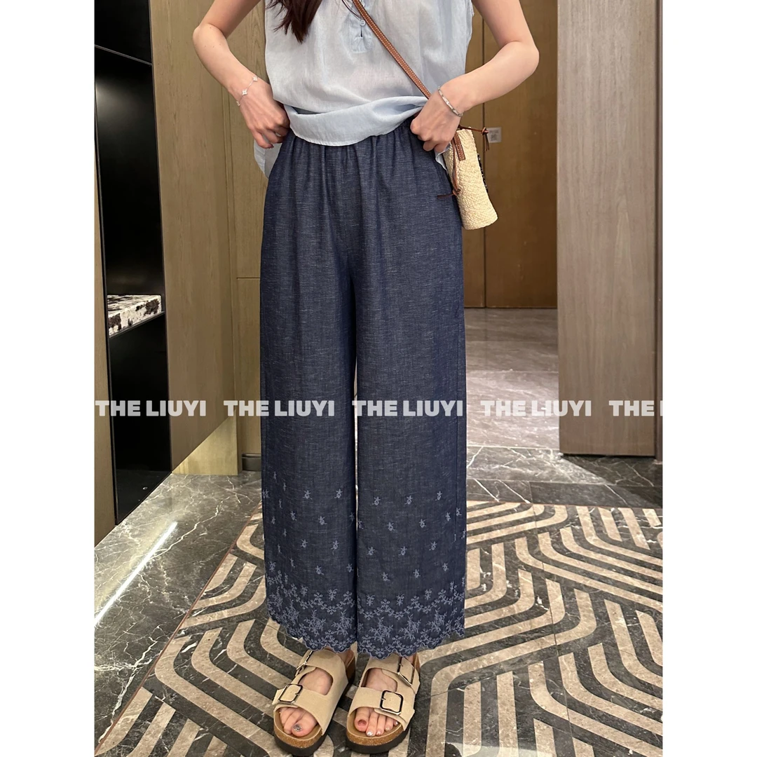 【LIUYI】浮花裤~夏季刺绣薄高腰直筒九分裤552414
