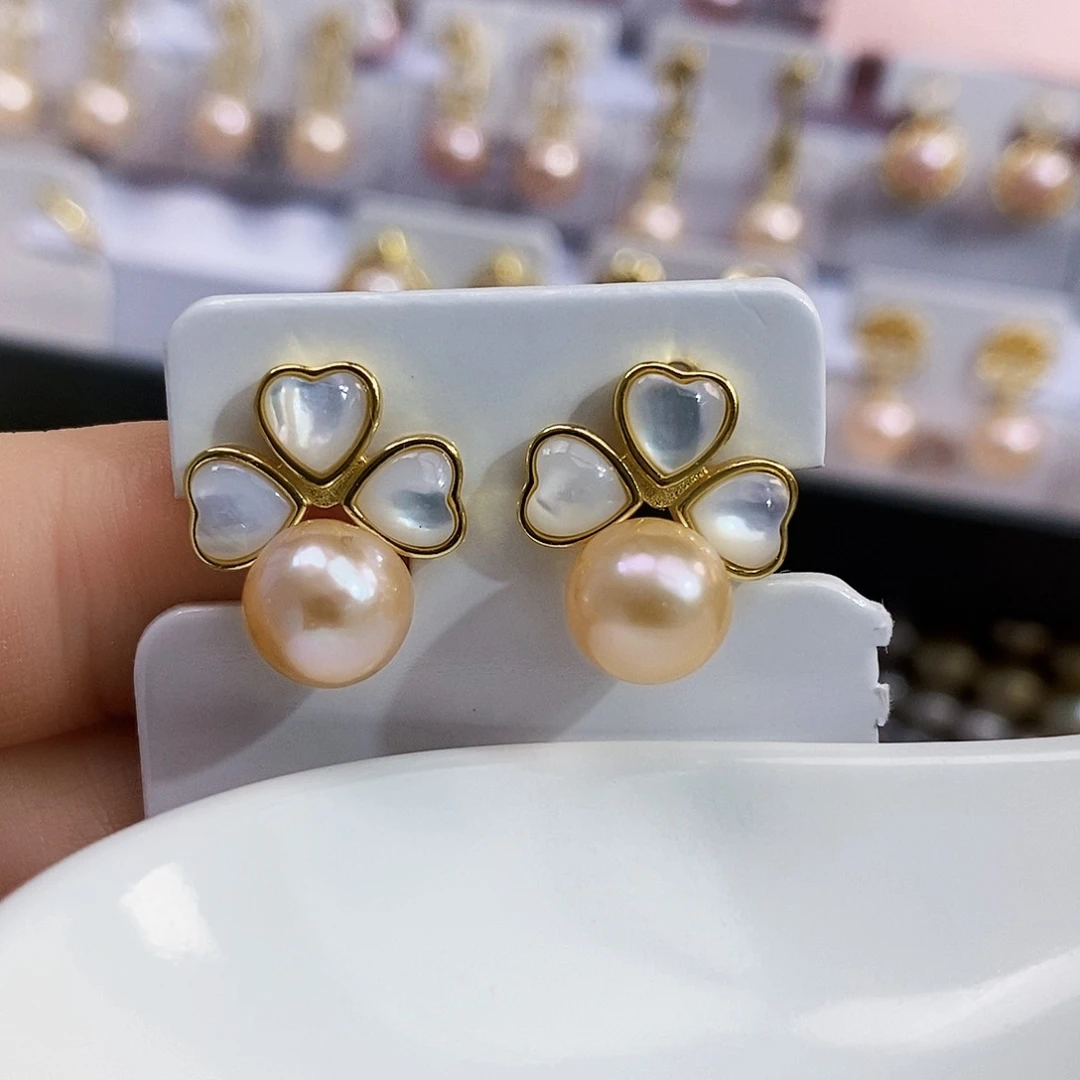 银S925镶嵌淡水正圆极光爱玛橙奶油金色设计款淡水珍珠