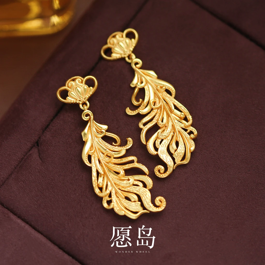 愿岛 黄铜耳饰 法式复古气质小众个性精工雕刻羽毛流苏耳钉EH2348