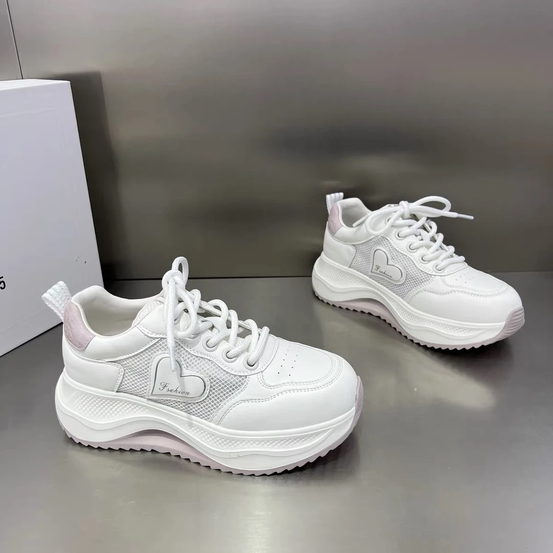 真皮镂空网面老爹鞋女2025夏季新款厚底透气不闷脚系带运动鞋5265