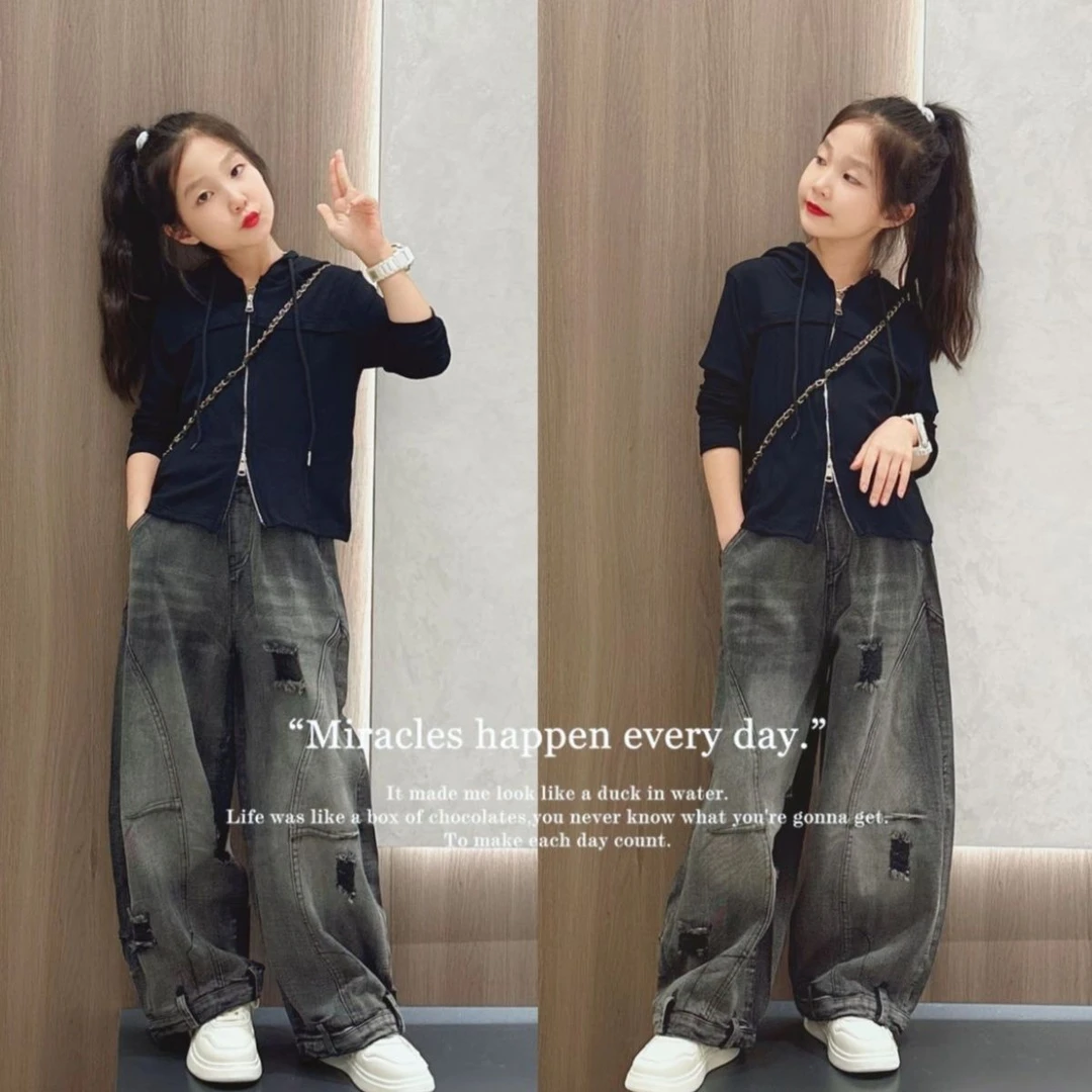 女童长袖打底衫秋装2025新款女大童时髦秋季破洞牛仔阔腿裤套装潮