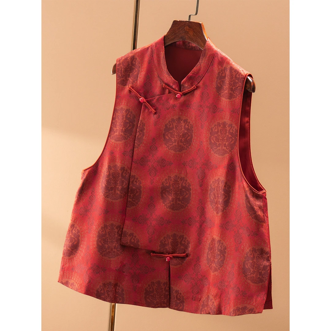 春天家 吉祥红 日常新中式含桑蚕丝提花立领斜襟马甲外套H78F6 特